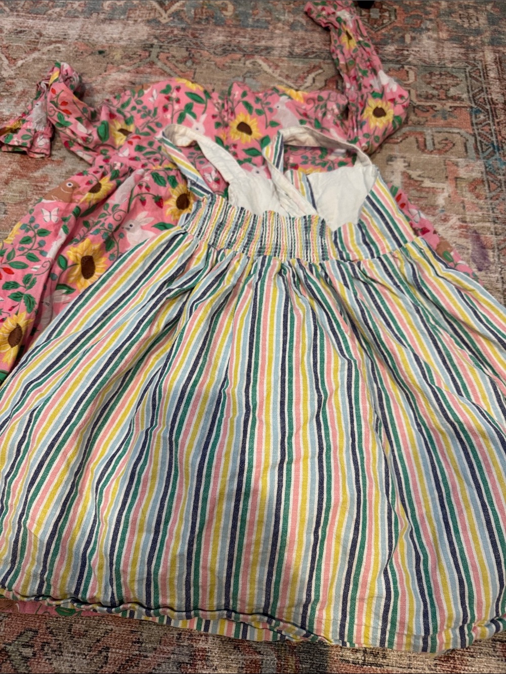 Mini Boden Girls Pink Floral Sunflower Dress + Multicolor Stripe Button Dress - Picture 7 of 7